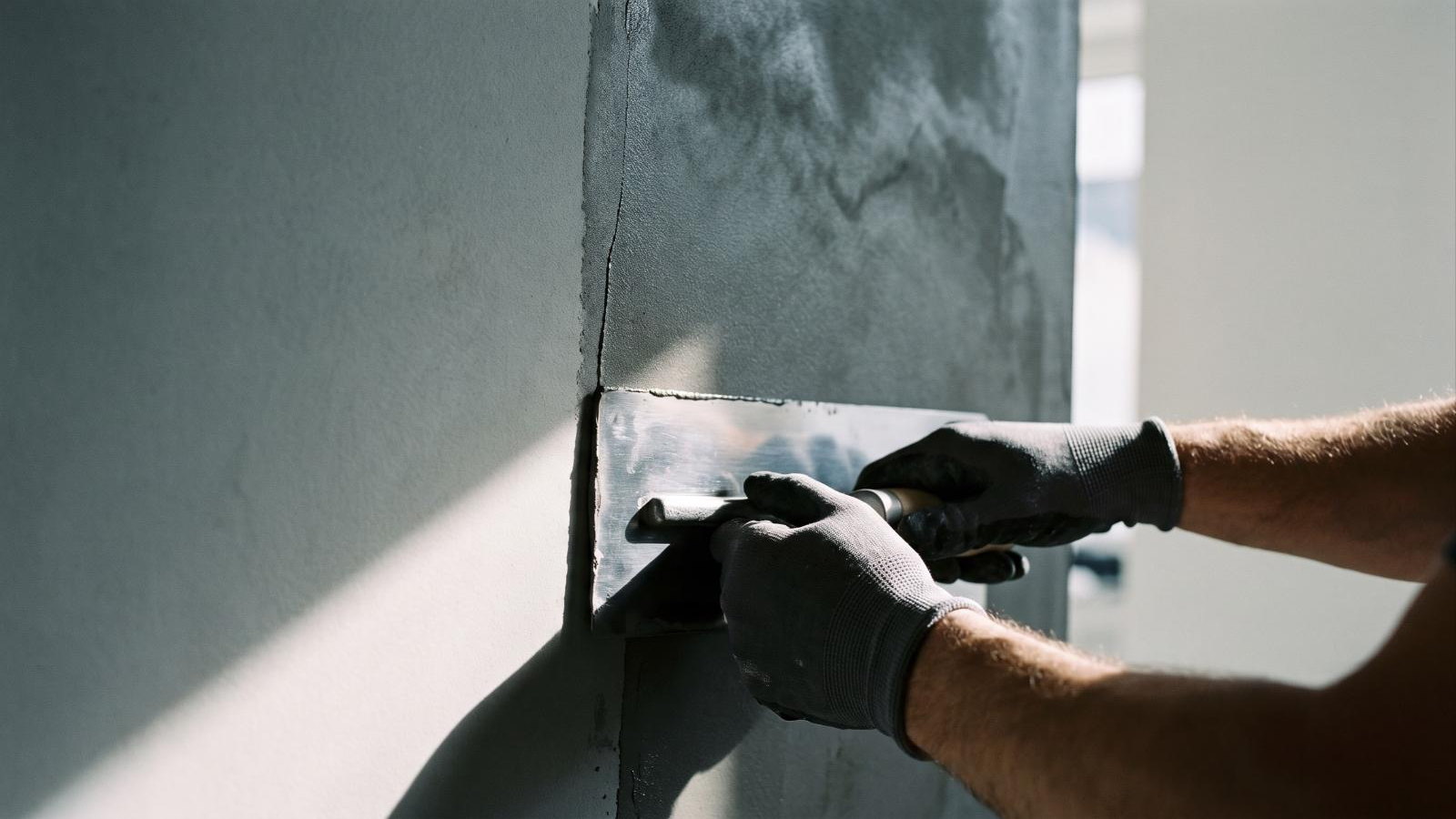 Gloved hands holding a steel finishing trowel flat to a wall and drawing a thin grey cementitious coat across it, the worked surface flat and unbroken by joints beside the section still to be coated