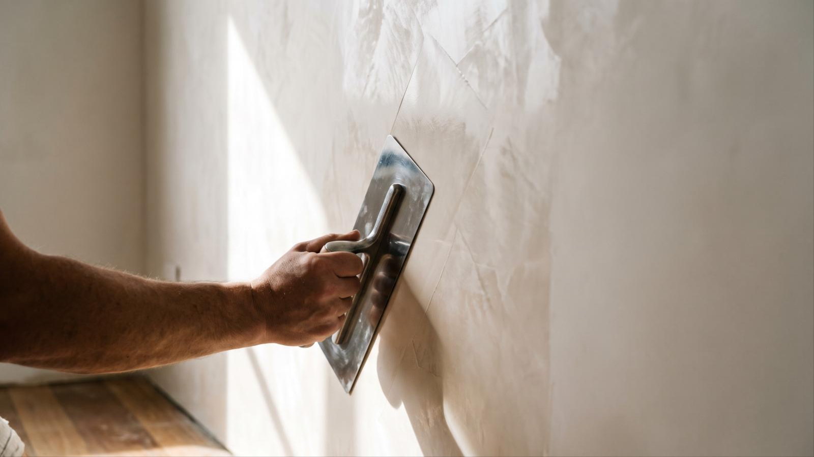 Hand drawing a stainless steel finishing trowel across a pale polished plaster wall, the burnished surface carrying the soft mottled depth left by overlapping trowel strokes