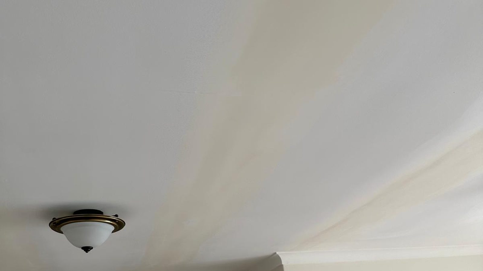 Close view of a finished ceiling running into a plain cornice, the surface flat and free of joint marks